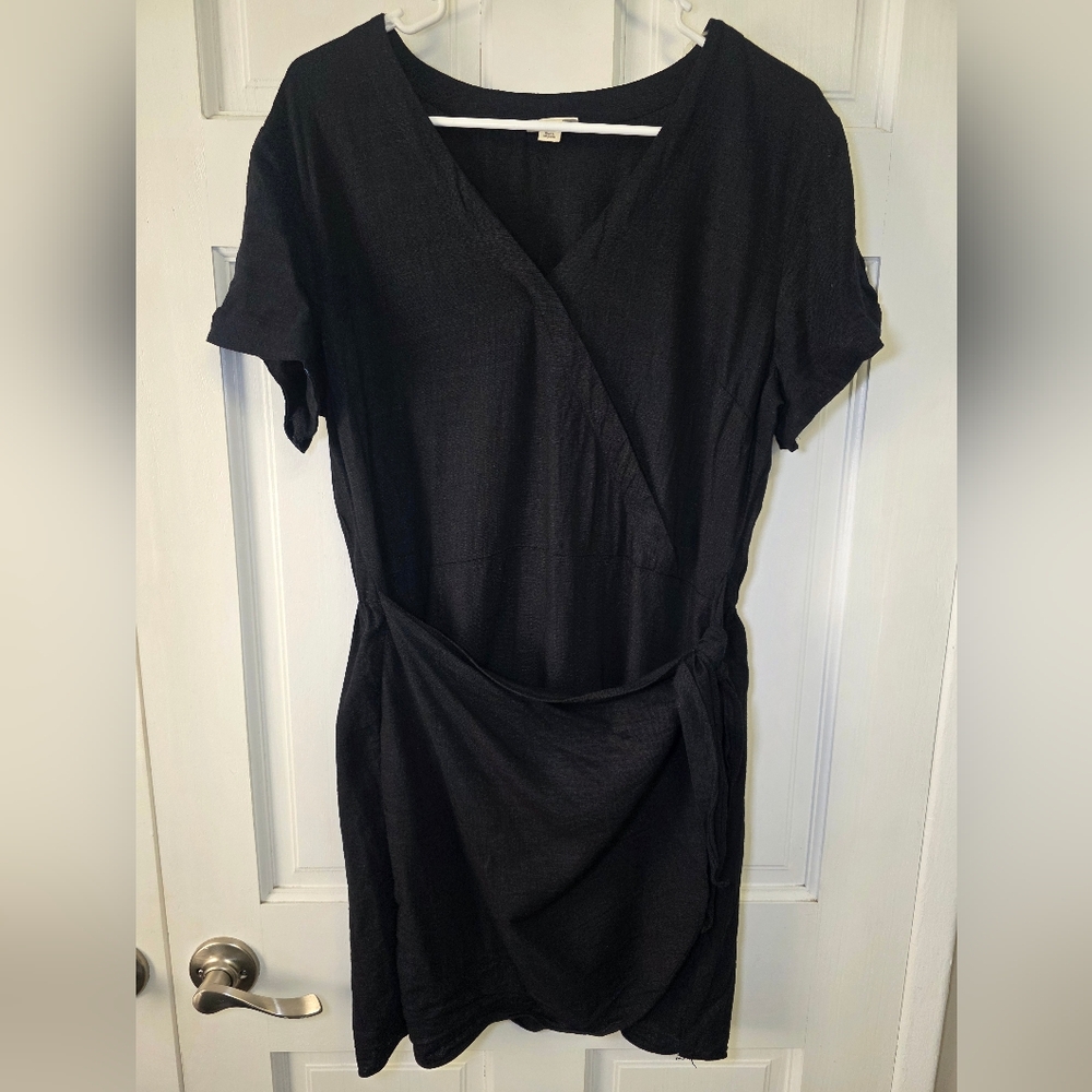 A.N.A Linen Blend V-Neck Short Sleeve Faux Wrap Dress- Size Lg Black